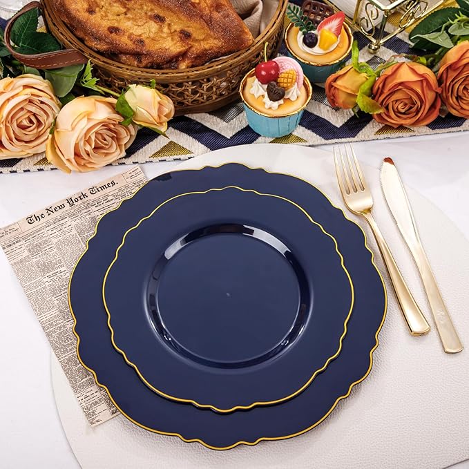 WDF 100pcs Blue Plastic Plates - Baroque Blue&Gold Disposable Plates for Parties/Wedding-50Plastic Dinner Plates 10.25in, 50Salad Plates 7.5in