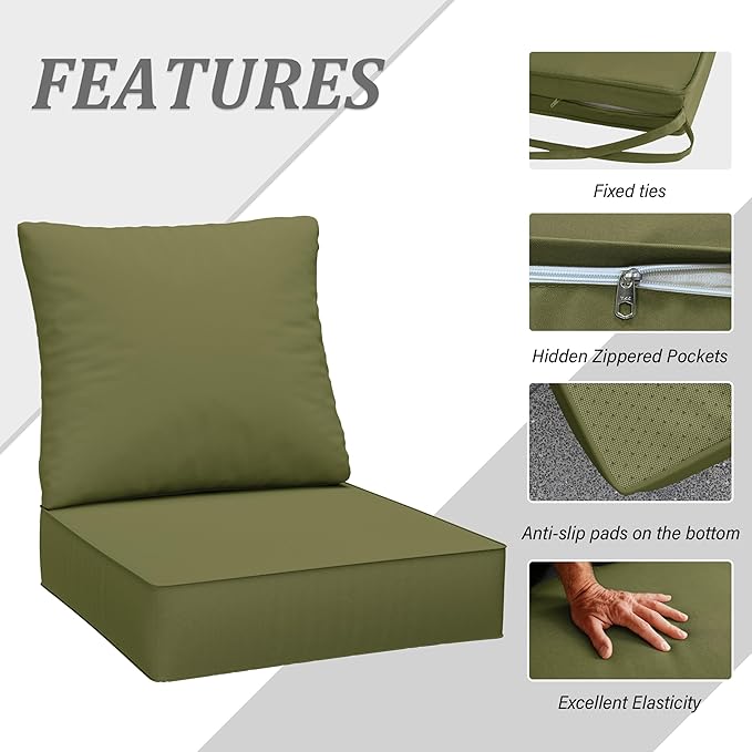Outdoor Seat Cushion Set 24 x 24 x6.5 Inch Splash-Proof & Fade Resistant Patio Furniture Cushions with Removable Cover Deep Seat & Back Cushion with Straps for Chair Sofa Couch
