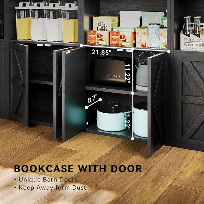 Tall Bookshelf Set of 2, 6 Tier Floor Standing Bookcase with Two Hinged Doors, Storage Organizer Display Shelves, Modern Corner Bookshelf Storage Cabinet for Living Room, Office, Black