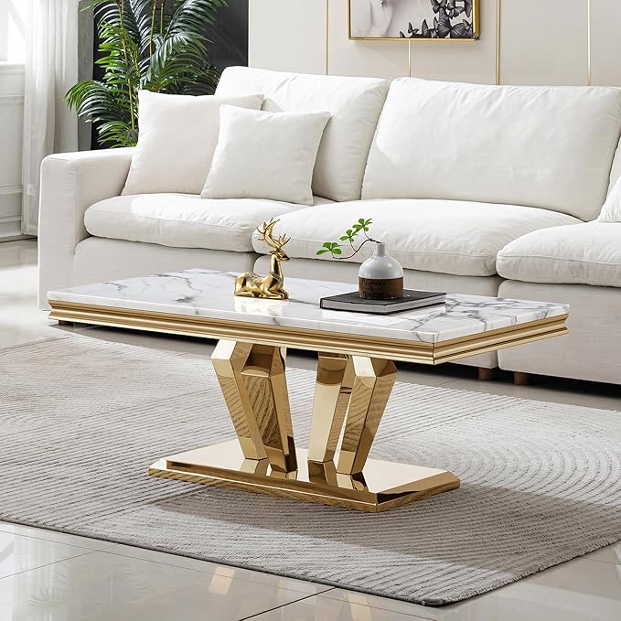 SSLine Rectangular Faux Marble Coffee Table for Living Room Modern Luxury White Marble Center Table with Gold Diamond Base 46.8" Mid-Century Cocktail Table with Mirrored Stainless Steel Frame