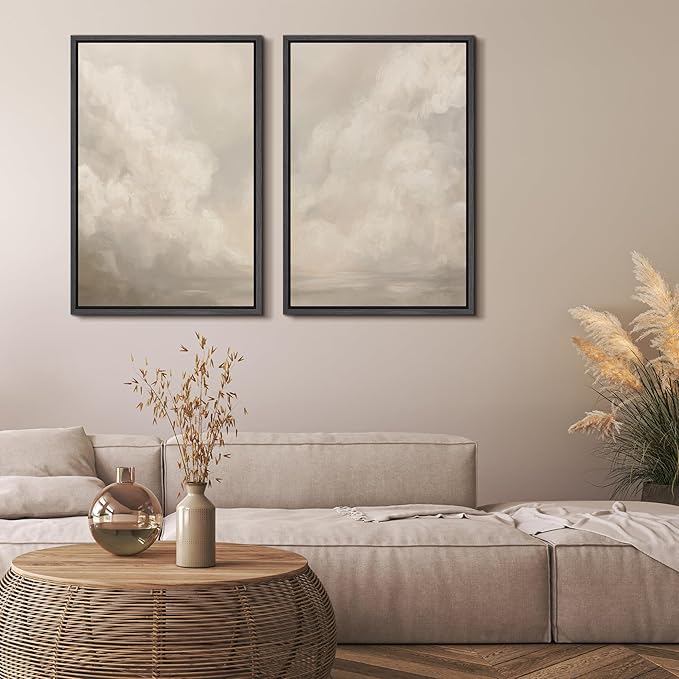 MUDECOR Framed Canvas Print Wall Art Neutral Cloudscape Soft Abstract Sky Illustrations Modern Art Decorative Bohemian Colorful Chic for Living Room, Bedroom, Office - 24"x36"x2 Black