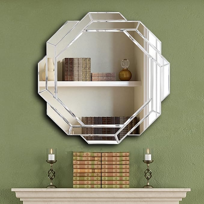 Hlartdecor Helicoid Frameless Beveled Decor Silver Polished Mirror for Wall Decorating(23.6X23.6inches).HFY Hexagon Decorative Mirror.