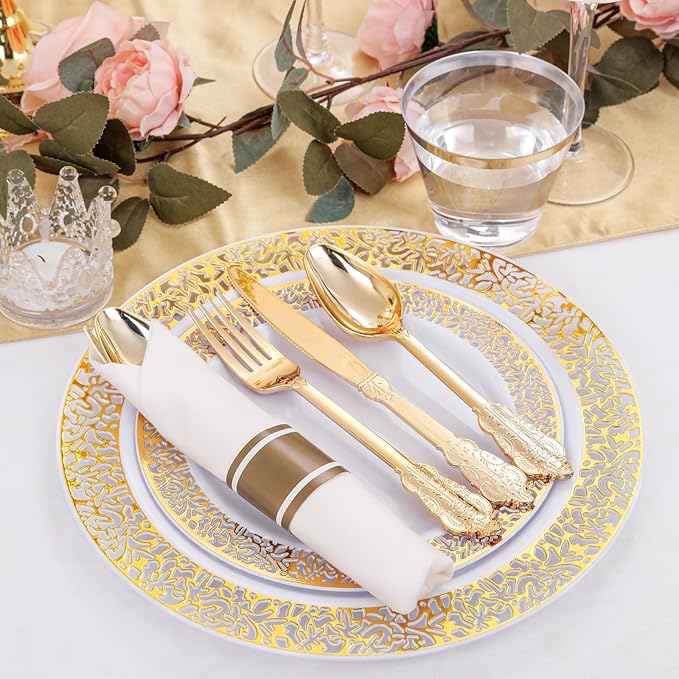 DaYammi 210 PCS Gold Plastic Plates, Gold Plastic Dinnerware Sets, Includes: 30 Dinner Plates, 30 Salad Platos, 30 Pre Rolled Napkins with silverware,30 Cups 9 OZ, Perfect for Party