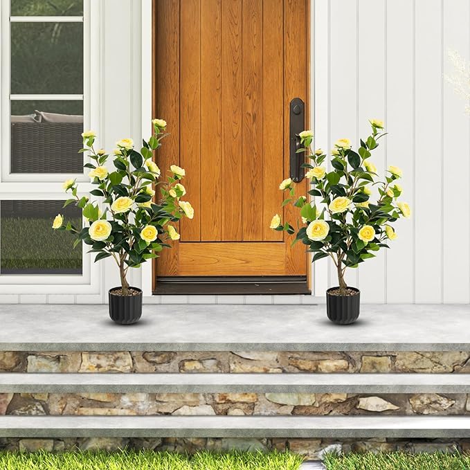 Goplus 38’’ Artificial Camellia Tree, 2 Pack Flower Plants Artificial Tree, Faux Floral Plant Blooming Tree in Cement Pot, Greenery Potted Plant for Indoor Outdoor Office Home Porch Decor