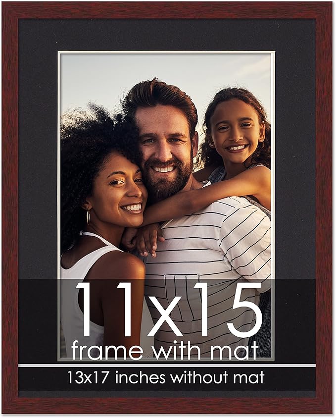 11x15 Frame with Mat - Brown 13x17 Frame Wood Made to Display Print or Poster Measuring 11 x 15 Inches with Black Photo Mat