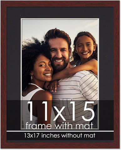 11x15 Frame with Mat - Brown 13x17 Frame Wood Made to Display Print or Poster Measuring 11 x 15 Inches with Black Photo Mat