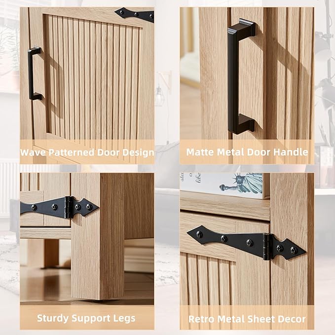 Boho Fluted Nightstand for Bedroom, 18" Rustic Night Stand with Charging Station & USB Port, Modern Accent Bedside Tables with Open Storage Shelf & Door, Wood End Table for Home, Natural Oak