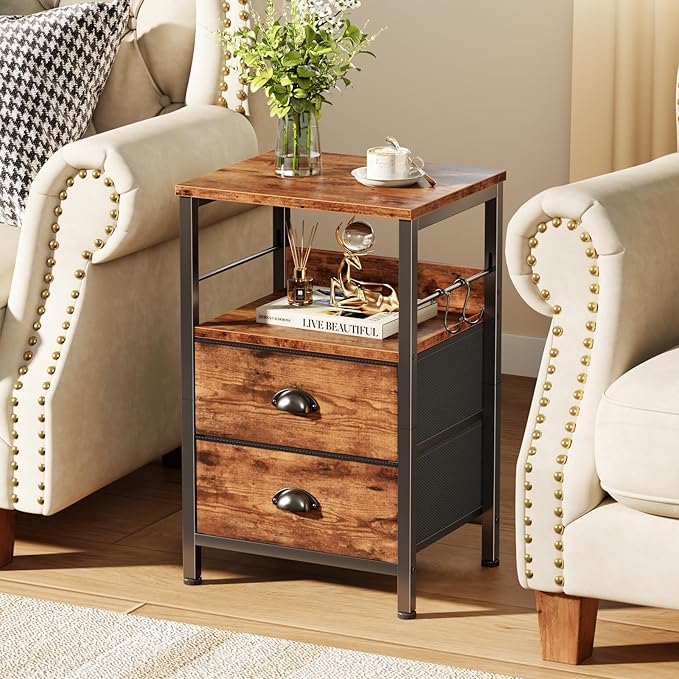 Furologee Nightstand with 2 Fabric Drawers, Bedside Table End Tbale with 2-Tier Shelf, Side Table with Hooks and Wood Top for Bedroom/Living Room/Hallway/Rustic Brown
