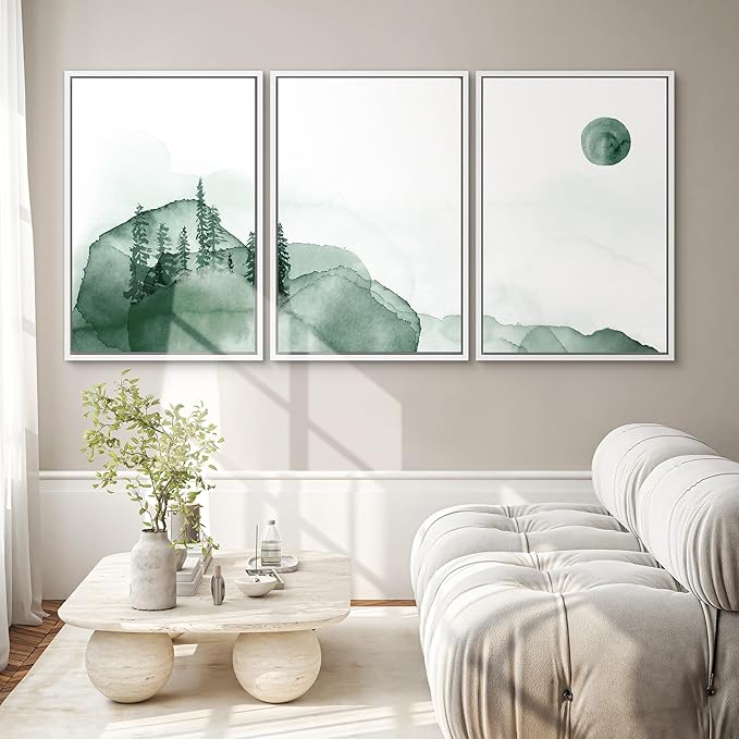 SIGNWIN 3 Piece Framed Canvas Wall Art Green Watercolor Landscape with Moon Nature Wilderness Illustrations Abstract Traditional Home Artwork Decoration for Living Room,Bedroom - 24"x36"x3 White