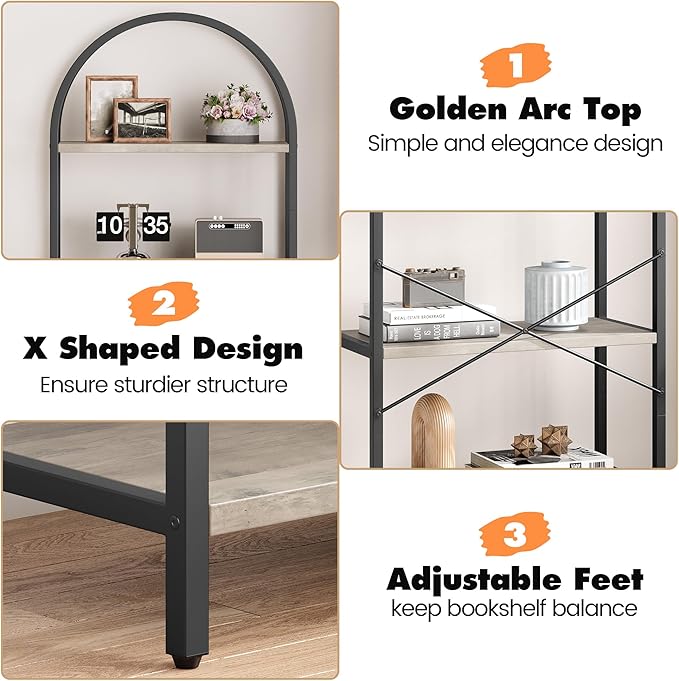 IDEALHOUSE Bookshelf 5 Tier Bookcase Arched Display Racks Tall Standing Bookshelves Metal Frame Farmhouse Storage Rack Shelf Grey Book Shelf for Bedroom, Living Room, Home Office