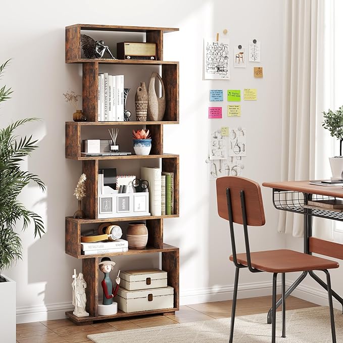 Tangkula 6-Tier S-Shaped Bookshelf, 64" Freestanding Geometric Bookcase, Home Office Wood Storage Shelf with Anti-Toppling Device, Room Divider Display Rack for Study, Living Room (2, Rustic Brown)