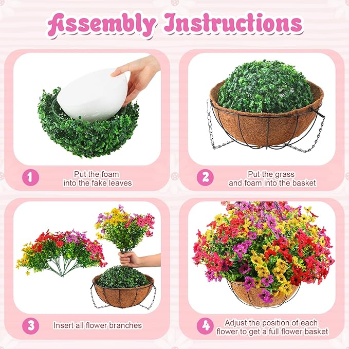 Lyrow 2 Pcs Artificial Hanging Flowers with Fake Basket Outdoor Realistic Hanging Plants with 12 Inch Coconut Lining Basket for Patio Lawn Garden Porch Decor (Mix)