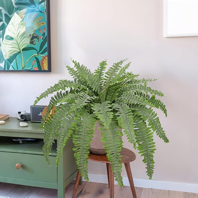Artificial Fern Plants in Pot 34.6" Large Artificial Boston Fern 39 Leaves for Outdoors & Indoor Faux Potted Plant Fake Ferns Bush Plant for Patio Garden Farmhouse Porch Home Decor Dusty Green