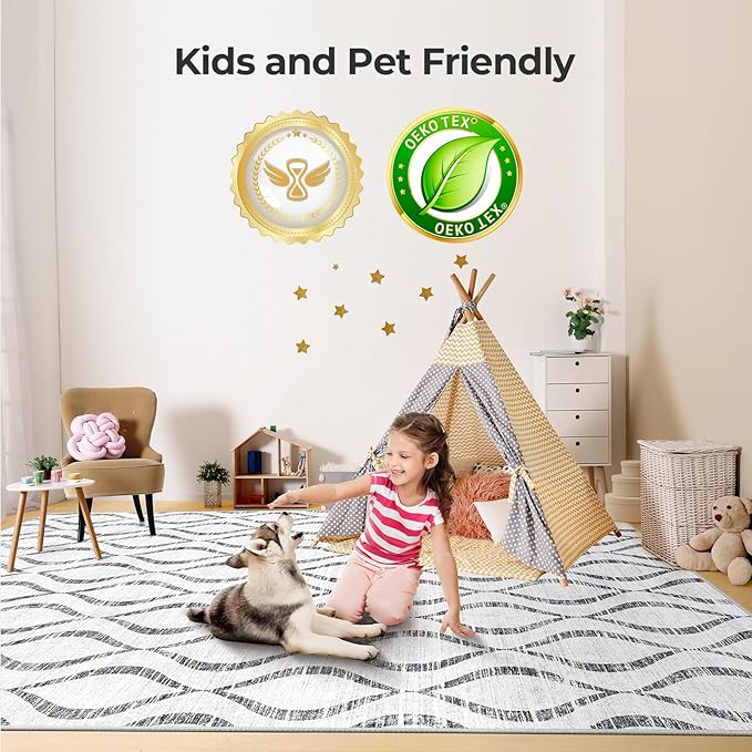 WITSHOCK 9x12 Area Rugs: Washable Non-Slip Geometric Boho Print Pattern Large Thin Indoor Rug for Living Room Bedroom Under Dining Table, Carpet for Nursery Playroom Decor, Kid & Pet Friendly, Grey