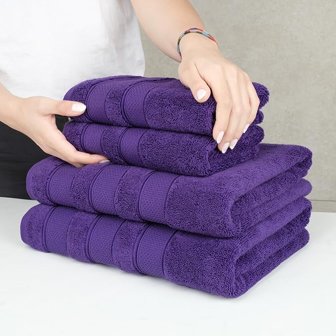 American Soft Linen Salem Turkish Bath Towel Set, 100% Cotton 600 GSM 6 Piece Towels for Bathroom, 2 Bath Towels 2 Hand Towels 2 Washcloths, Purple