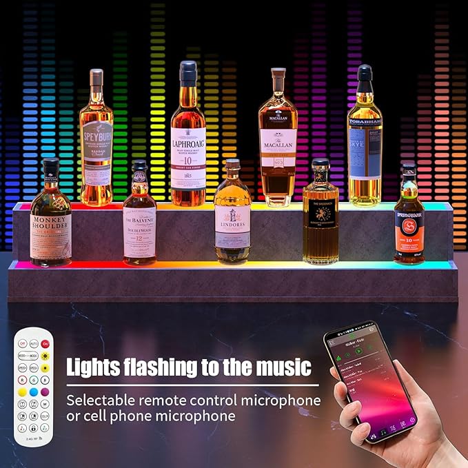 LED Lighted Liquor Bottle Display Shelf, 38 Inch Bar Display Shelf, DIY Illuminated Bottle Shelf with App & Remote Control, 2 Step Freestanding Holding Bottles for Home Bar, Party, Grey