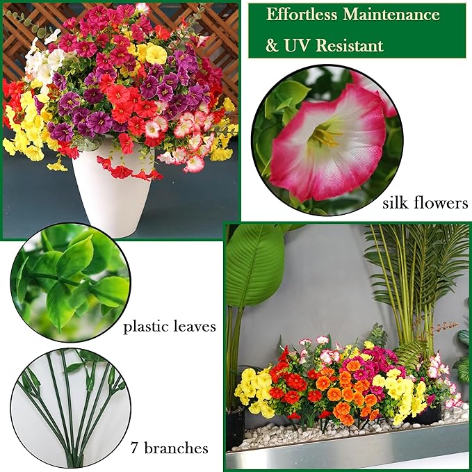 Artificial Outdoor Flowers Fake Plants for Spring Summer Decoration 20 Bundles Silk Morning Glory + 6 Eucalyptus Stems UV Resistant Colorful Faux Flowers for Outside Planter Porch Yard Patio Balcony