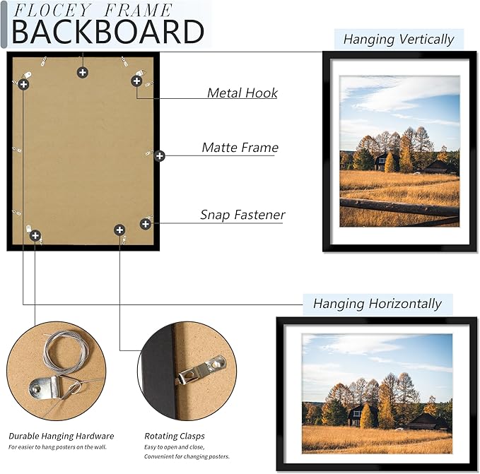 18x24 Picture Frame Set of 5, Black Poster Frame, Display Pictures 16 x 20 with Mat or 18 x 24 Without Mat for Horizontal or Vertical Wall Mounting, Wall Gallery Frame for Artwork