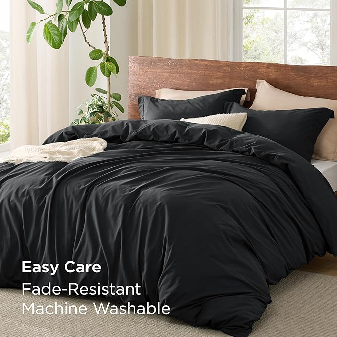 Bedsure 100% Washed Cotton Duvet Cover King Size - Black Minimalist Cotton Duvet Cover Linen Like for All Seasons - GentleSoft™ Plain Simple Bedding, 3 Pieces (Black, King, 104"x90")