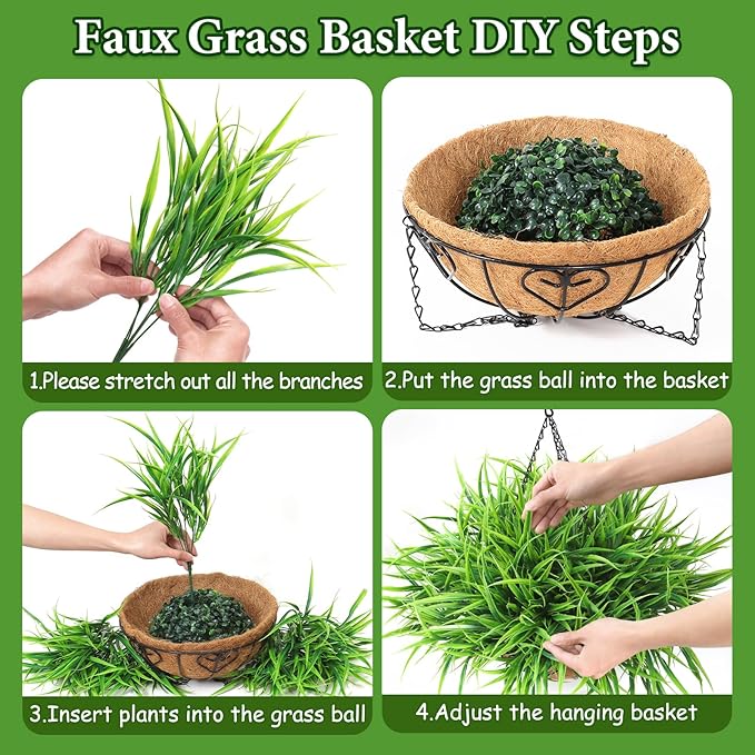 KHOYIME 2 Set Artificial Hanging Plants Basket for Outdoors Indoor, Faux Green Grass Baskets Fake Greenery Stems Planters UV Resistant Spring Summer Decor for Home Garden Porch Balcony Patio Yard