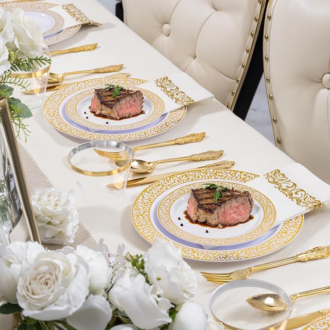 Festiva 350PCS Gold Plastic Dinnerware Set - Disposable Lace Gold Plates and Napkins Party Supplies - include plates,napkins,cups,silverware - Serve for 50 guests Party&Wedding&Easter