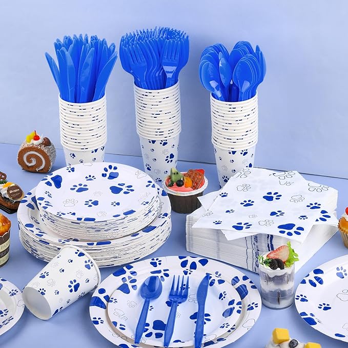 400 Pieces Blue Paw Disposable Party Tableware Sets Dog Puppy Supplies Including Plates Cups Napkins Cutlery Serves 50 for Birthday Puppy Theme Party Decorations