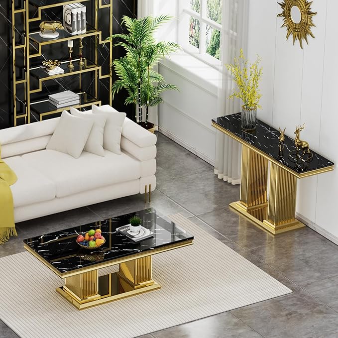 SSLine Rectangular Faux Marble Coffee Table for Living Room Modern Luxury Black Marble Center Table with Gold Pedestal Base 46.8" Mid-Century Cocktail Table with Mirrored Stainless Steel Frame