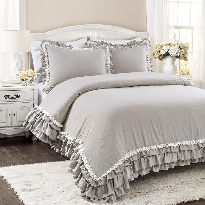 Lush Decor Ella Ruffle Lace Comforter, 3 Piece Set, Full/Queen, Light Gray - Cute Comforter - Queen Bedding Set - Gray Bedding Full Size - Coquette Decor - Ruffle Trim - Lace Trim