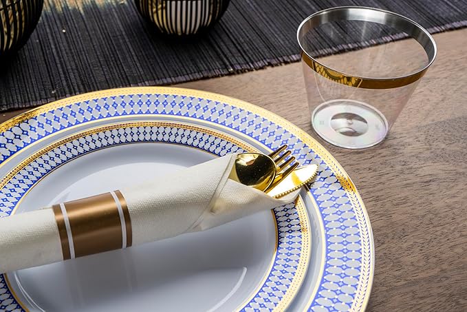MONEST 350Pcs Blue and Gold Plastic Silverware Set for 50 Guests, Disposable Dinnerware Set includes: 50 Pre Rolled Napkins with Utensils, 50 Dinner Plates, 50 Dessert Plates, 50 Cups (Royal Sapphire)