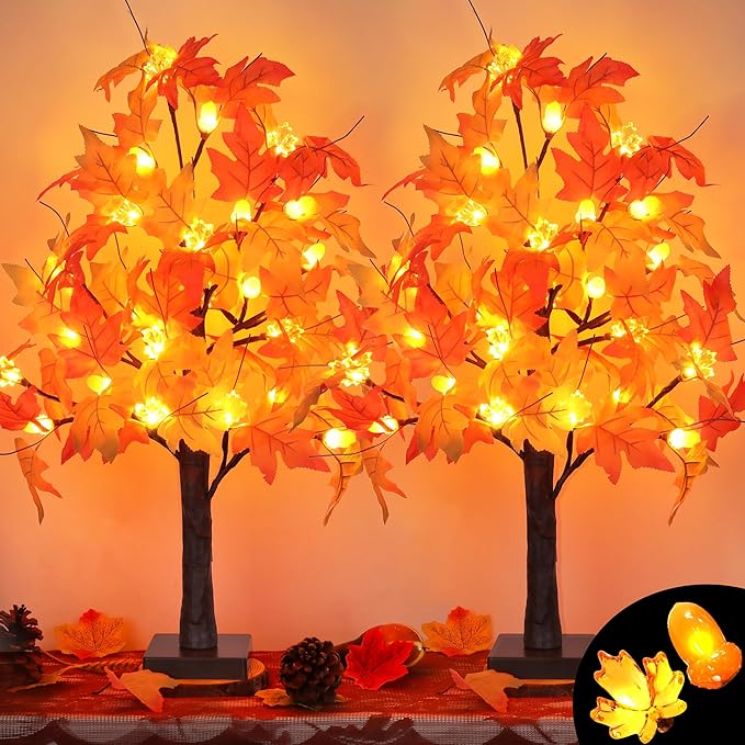 2 Pack 24 Inch Prelit Fall Maple Tree Fall Decor with 48 LEDs Timer Battery Operated Artificial Fall Light Up Tree Maple Acorn for Fall Thanksgiving Decorations Table Home Office Indoor Autumn Harvest