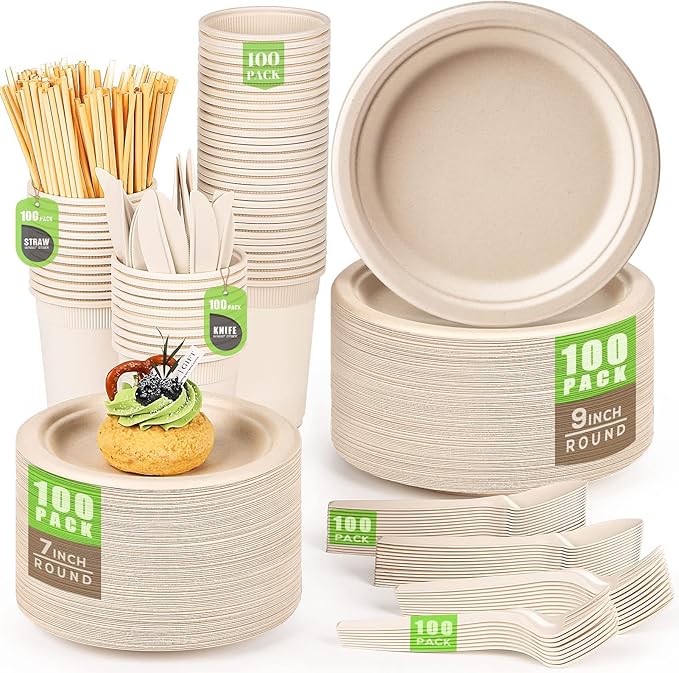 Gezond Compostable Paper Plates - 700pcs Biodegradable Heavy-duty Brown Plates Set for Party