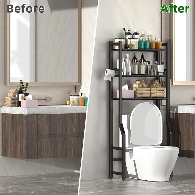 3 Tier Over The Toilet Storage Rack with Toilet Paper Holder, Metal Freestanding Bathroom Shelves with 4 Hooks, Over Toilet Storage Shelf for Bathroom Storage, Black