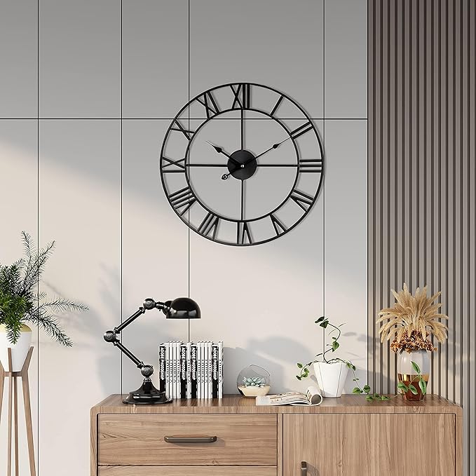 Silent Non-Ticking Decorative Large 24 Inch Metal Vintage Retro Roman Numerals Wall Clock, Battery Operated for Living Room, Bedroom, Kitchen, Office, Cafe Farmhouse Decor