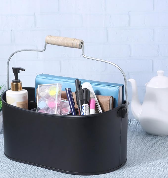 Alpha Living Home Heavy Duty Metal Alloy Utensil Holder for Kitchen, Silverware Caddy with Handle - Galvanized Flatware Organizer for Forks, Spoon, Knives, Picnic, Countertop & Dining Table (Black)