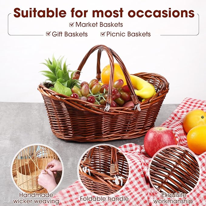 Wesiti 6 Pcs Wicker Picnic Basket with Handle, Hand Woven Harvest Basket Bulk, Wicker Flower Hoppet for Storage, Picnics, Easter, Organizing, Egg Gathering, Candy, Wedding(Dark Brown)
