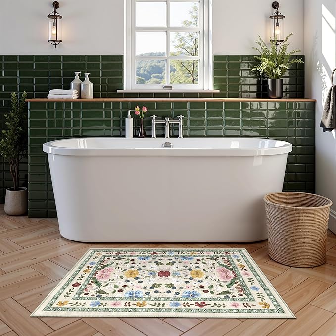 Deerly Floral Entryway Rug 2x3 Small Vintage Boho Bathroom Door Mat Washable Non-Slip Soft Low Pile Thin Indoor Carpet Home Decor for Kicthen Entrance Farmhouse Throw Rug, Beige/Green/Multi
