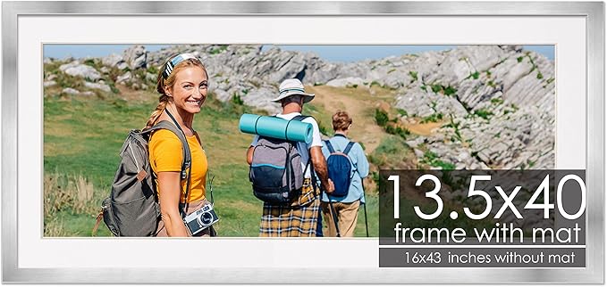 13.5x40 Frame with Mat - Silver 16x43 Frame Wood Made to Display Print or Poster Measuring 13.5 x 40 Inches with White Photo Mat