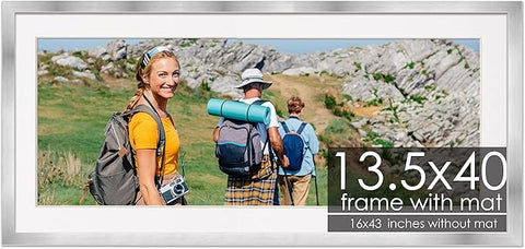 13.5x40 Frame with Mat - Silver 16x43 Frame Wood Made to Display Print or Poster Measuring 13.5 x 40 Inches with White Photo Mat