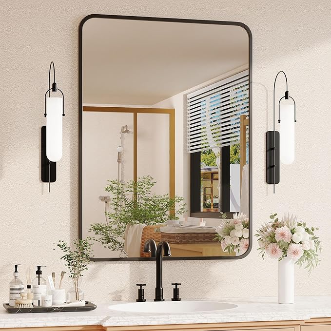 22×30 Black Bathroom Mirror for Over Sink - Rectangle Bathroom Vanity Mirror Wall Mounted with Matte Aluminum Frame & Rounded Corners, Shatterproof Tempered-Glass, Horizontal/Vertical