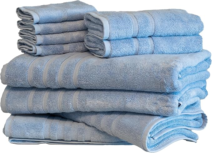 Mosobam Luxury Turkish 10pc XL Deluxe Bath Bundle Body Hand Face Towel and Mat Allure Blue 700 GSM & 1000 GSM Bamboo Viscose & Aegean Turkish Combed Cotton