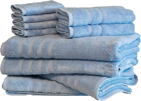Mosobam Luxury Turkish 10pc XL Deluxe Bath Bundle Body Hand Face Towel and Mat Allure Blue 700 GSM & 1000 GSM Bamboo Viscose & Aegean Turkish Combed Cotton