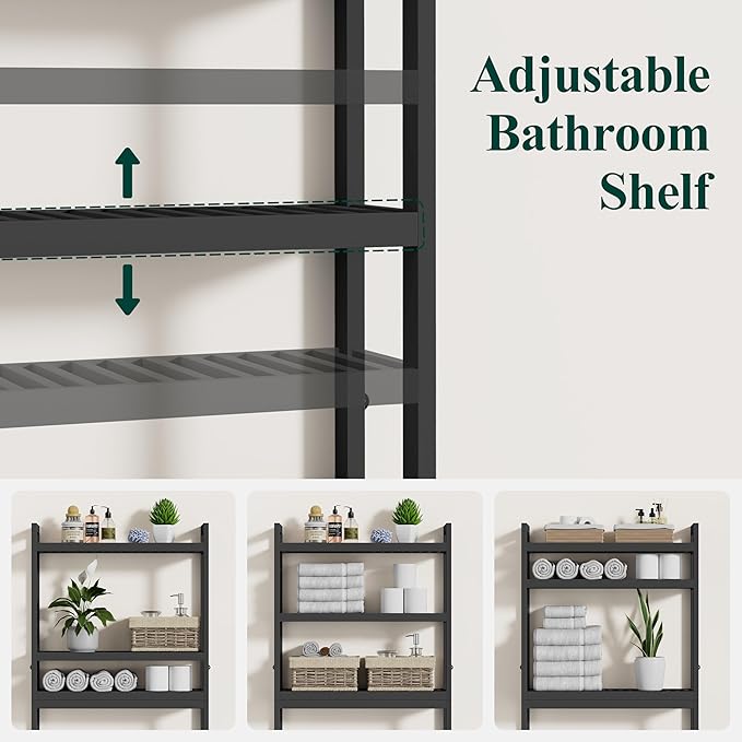 Smiry Over The Toilet Storage Cabinet, 3-Tier Bamboo Bathroom Organizers with Adjustable Shelf & 4 Hooks, Space Saving Shelf Rack for Bathrooms, Laundry Room, Balcony, Black