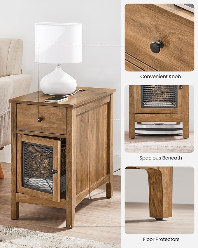 VASAGLE Side Table with Storage, End Table with USB Ports and Outlets, Nightstand with Charging Station, Drawer, Storage Cabinet, Magazine Rack, for Living Room, Bedroom, Rustic Walnut ULET312T41