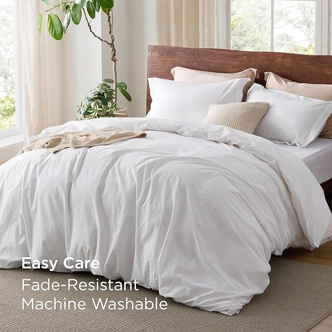Bedsure 100% Washed Cotton Duvet Cover Twin - Bright White Minimalist Duvet Cover Linen Like for All Seasons - GentleSoft™ Plain Simple Bedding, 2 Pieces (Bright White, Twin, 68"x90")