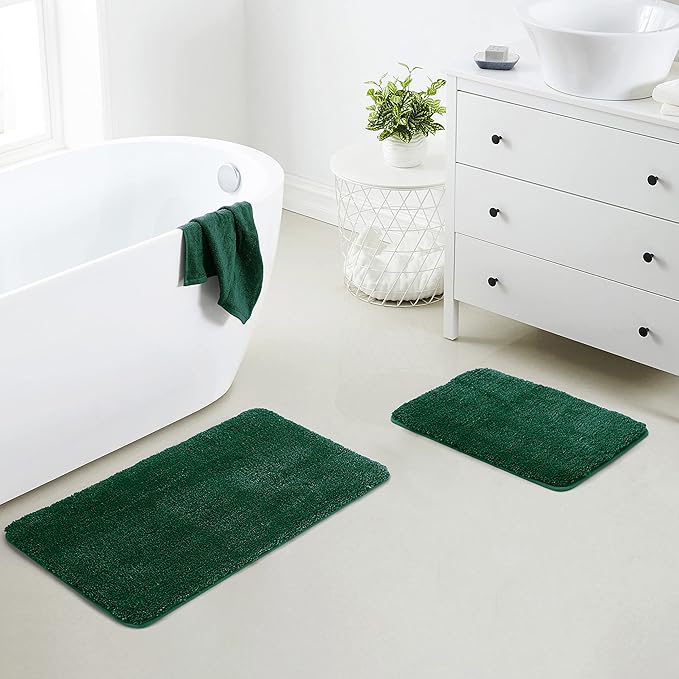 YHF Bathroom Rug Set 2 Piece, Extra Thick & Soft Microfiber Shaggy, Machine Washable Bath Mats, Absorbent Bath Rugs, Non-Slip Rubber Backing Bath Mat for Bathroom Floor, Tub and Shower, Hunter Green
