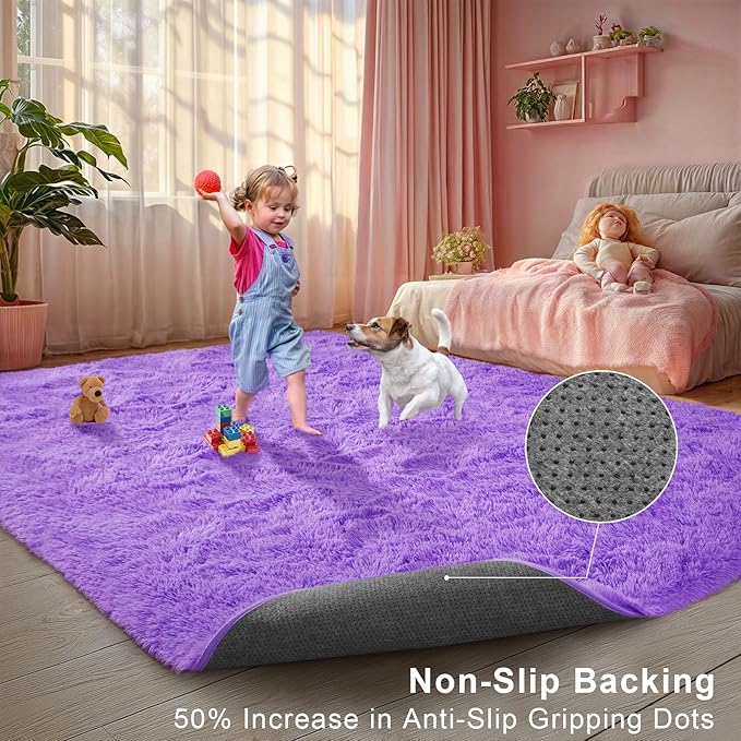 Purple Area Rugs for Girls Bedroom Living Room, 8x10 Fluffy Fuzzy Shaggy Carpet for Kids Playroom Nursery, Thick Soft Plush Mat for Kids Baby Boys Teen Dorm Home Decor Aesthetic