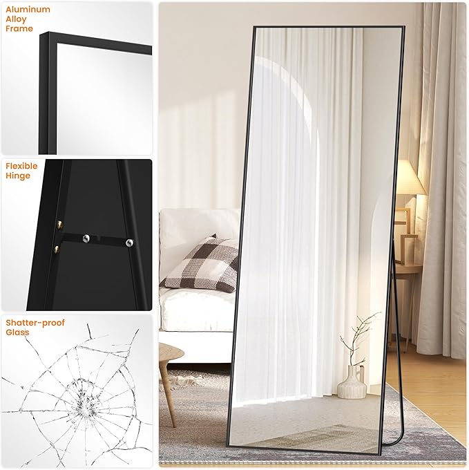 Full Length Standing Mirror, 70"x24" Black Full Body Mirror With Aluminum Alloy Frame, Free Standing or Wall Mount for Bedroom, Living Room, Dressing Room