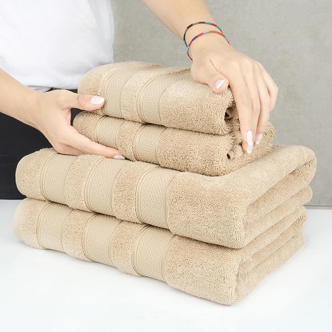 American Soft Linen Salem Turkish Bath Towel Set, 100% Cotton 600 GSM 6 Piece Towels for Bathroom, 2 Bath Towels 2 Hand Towels 2 Washcloths, Beige