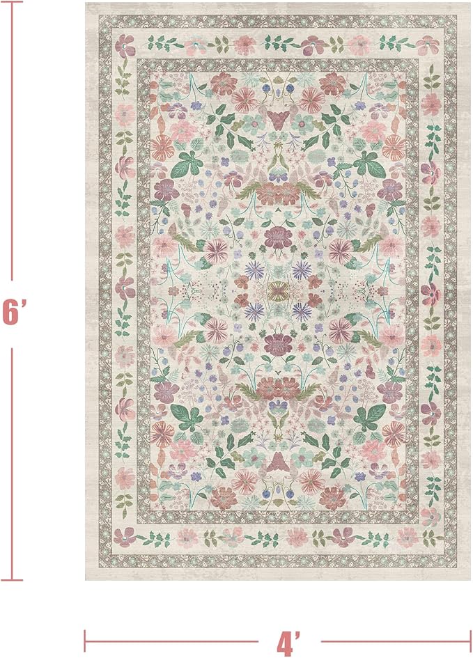 Deerly Floral Area Rugs 4x6 Washable Living Room Bedroom Carpet Vintage Boho Thin Non-Slip Soft Low Pile Floor Mat Indoor Home Decor for Dining Room Playroom Farmhouse, Beige/Light Pink/Multi