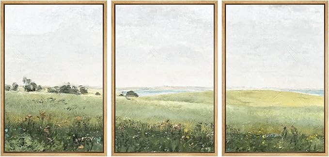 SIGNWIN Framed Canvas Print Wall Art Set Green Pasture Countryside Flower Field Nature Abstract Illustrations Modern Art Decorative Nordic for Living Room, Bedroom, Office - 16"x24"x3 Natural